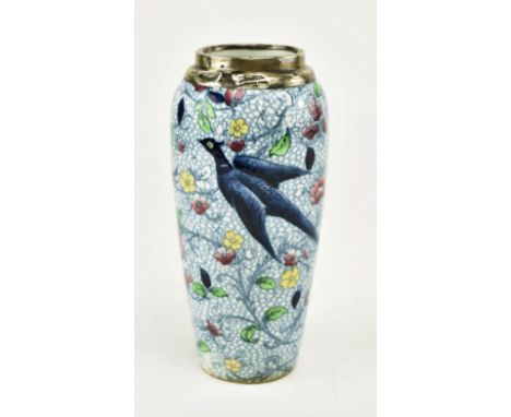 An early 20th century Bridgwood &amp; Son pottery vase with silver collar. The vase on blue ground, decorated with flowers an