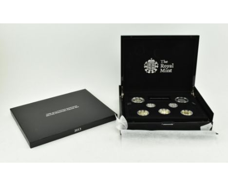 A boxed 2013 United Kingdom silver Piedfort proof set produced by the Royal Mint. The set containing all seven silver coins, 
