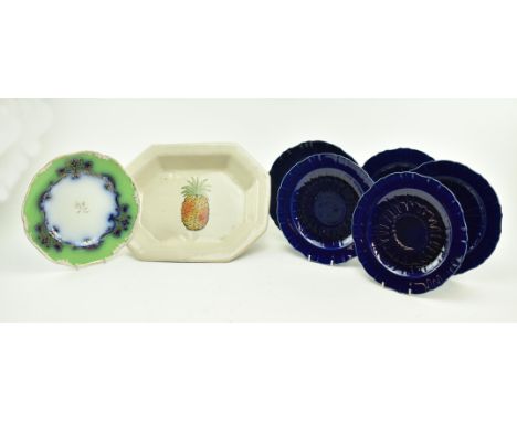 A collection of early 19th century and later ceramic plates and a serving platter. The lot to comprise a Wedgwood pearl plate