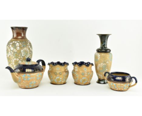 A collection of late 19th century six stoneware Royal Doulton Lambert Slater patent tapestry ceramics and two Wedgwood trinke