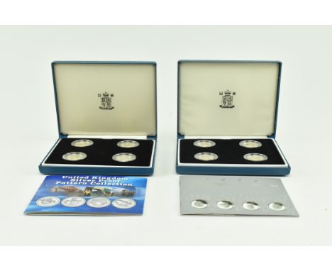 Royal Mint 2003 &amp; 2004 U.K. Silver Proof Pattern sets. Each complete with four coins, cased and with certificate.&nbsp;