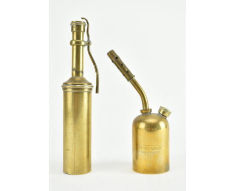Two 19th century brass jewellery blow torches. The lot to include a Swedish Primus 848 blow touch camping lamp and a jeweller