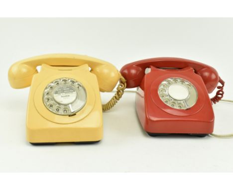 Two vintage 1960s G. P. O. 746F rotary dial telephones. The lot comprising a phone in red marked 746F LU72/1 to base, the cre