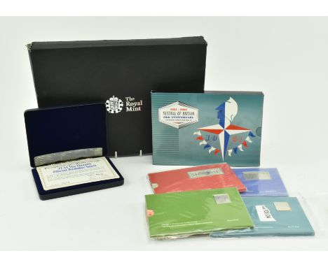 A collection of commemorative Royal Mint ingots and coins. The lot comprising 2001 Festival of Britain 50th Anniversary comme