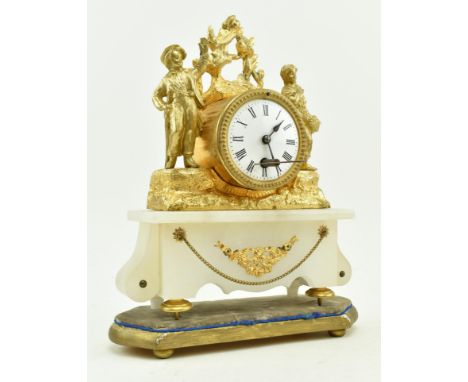 A late 19th century continental, likely French, gilt metal and alabaster mantle clock. The clock featuring gilt metal scene o