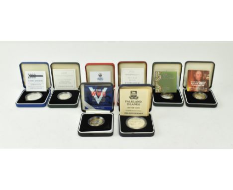 Eight Royal Mint commemorative coins, all cased and with certificates. The lot comprising 1995 Second World War Silver Proof 