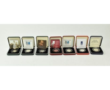 Seven Royal Mint Silver Proof Fifty Pence coins, all cased and with original certificate. Comprising 150 Years of Public Libr