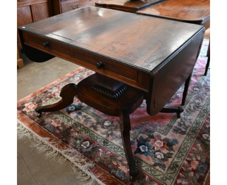 A Regency rosewood sofa table with two drawers (missing handle) 158 cm w x 66 cm d x 70 cm h o/a (a/f) 