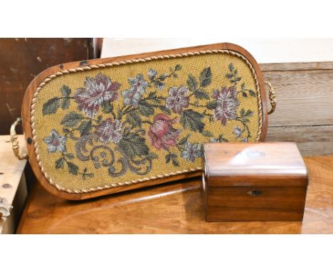 A Victorian inlaid walnut tray/plinth with twin brass handles and floral headwork panel 58 cm wide, to/w an inlaid rosewood t