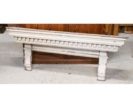 An architectural salvage antique painted pine overmantel Dimensions -156 cm wide, 24 cm deep, 63 cm high 