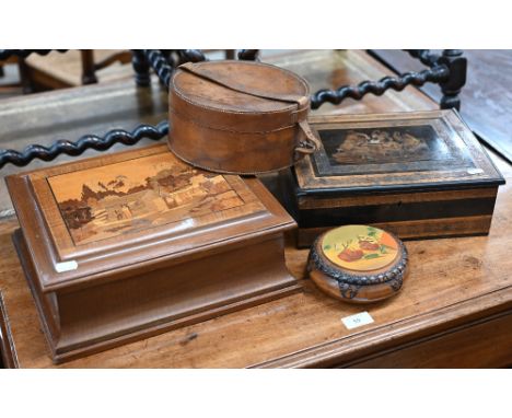 A continental walnut cigar humidor with pictorial marquetry top, 32.5 cm wide, to/w a 19th century Sorrento-ware inlaid box (