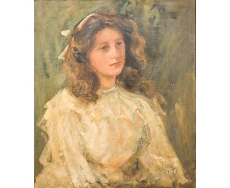 English school - Edwardian portrait of a young girl in a white dress, oil on canvas, 52 x 45 cm