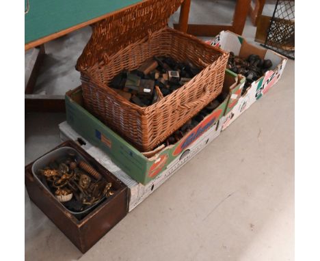 Four boxes of mostly antique furniture legs, castors and other mounts to/w a picnic hamper containing wooden print-blocks