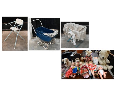 A mixed collection of vintage dolls and teddies to/w a metal cot and pram, etc