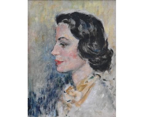 Mid 20th century English school - Portrait of a lady, oil on canvas, 39.5 x 29 cm