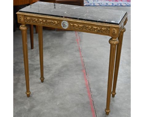 A French Louis XVI style marble topped console table, gilt wood base with ceramic plaques printed with courting couples, flut