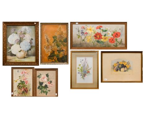 Botanical studies - roses, geraniums, K Butler - Hydrangeas, Erica Stevenson - Indigenous RSA flora, and Sunflowers, 87 x 53 