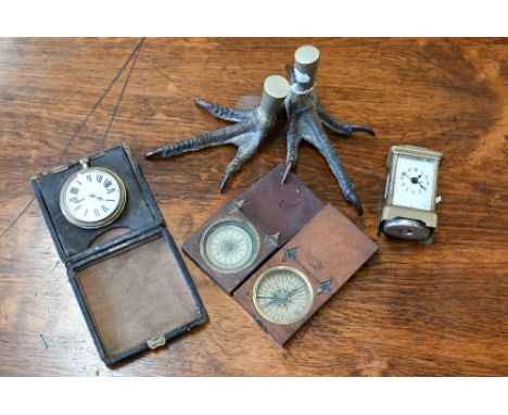 Two antique wooden-cased pocket compasses, to/w an unusual pair of taxidermy large bird-claws, a small carriage alarm clock e