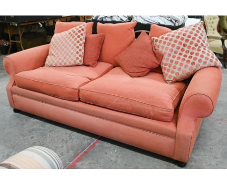 A Sofa Workshop 'Limerick' large scroll arm sofa c/w scatter cushions, coral fabric, 220 cm w x 94 cm d x 94 cm h o/a