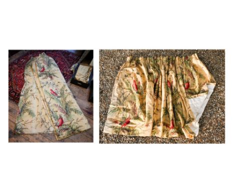Curtains depicting pheasants and exotic birds on pale yellow ground, triple pleat heading, lined and interlined, one approx 2