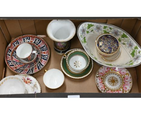 A First Period Worcester Queen Charlotte pattern coffee cup, tea bowl, saucer and dish (a/f), crescent mark, a blue and gilt 