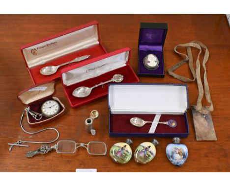 Various collectables including a Victorian engraved silver scent flask, Birmingham 1884, three heart-shaped scent-flasks with