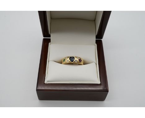 Wempe Ring Brillanten/Saphir/Rubin/Smaragd, hochwertige Arbeit Gelbgold 750/-, Ringgröße 53, 5,7gr.