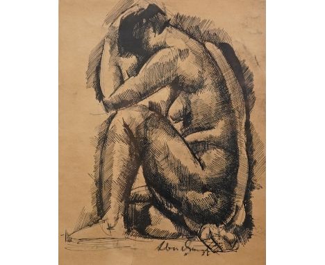 Vilmos Aba-Novák (Hungarian, 1894-1941)Seated Nude,1926, signed and dated lower right, pen and ink on buff paper, 23.5cm x 18