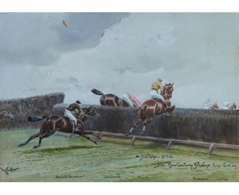 John Beer (c.1860-c.1930) 'The New Century Steeplechase, Hurst Park, March 2nd 1909', 'At the Open Ditch' and 'The Finish' a 