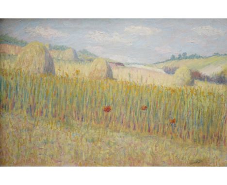 Thomas Buford Meteyard American (1865-1928) 'La vallee, Giverny' haystacks in a landscape, circa 1889, signed lower right, oi