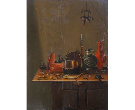 Follower of Gerrit Willemsz. Heda, (Dutch, c.1620-c.1702)&nbsp;Still life with fish, jugs and cooking equipment, old labels a