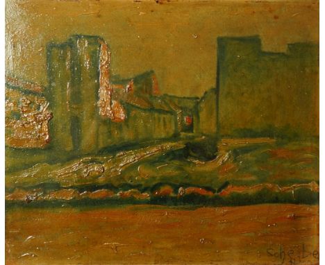 Hugó Scheiber (Hungarian, 1873-1950) Modernist industrial landscape,signed lower right, oil on board with impasto, 27cm x 32c
