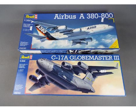 Revell - two all plastic model kits by Revell to include a C-17A Grobemaster III, model No. 04044, 1:144 scale and an Airbus 