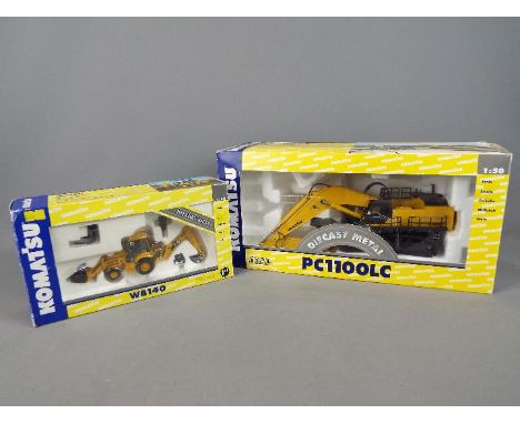 First Gear, Joal -Two boxed 1:50 scale diecast Komatsu vehicles. Lot comprises First Gear Komatsu WB140 Backhoe Loader; and J