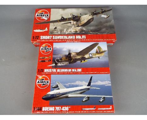 Airfix - three all plastic model kits to include a Boeing 707-436 model No. A05171. 1:144 scale mint in factory sealed box, a