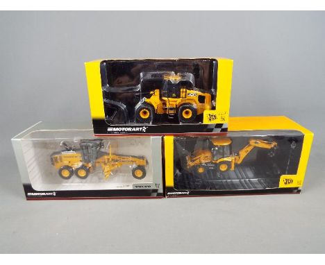 Motorart - Three boxed 1:50 scale construction vehicles by Motorart. Lot consists of #13135 JCB 3CX Backhoe Loader; #13728 JC