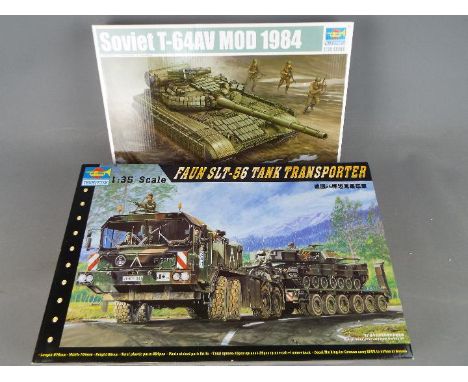 Two Trumpeter 1/35 scale boxed kits comprising Soviet T-64AV MOD 1984 # 01580 and Faun SLT-56 Tank Transporter #  00203, part