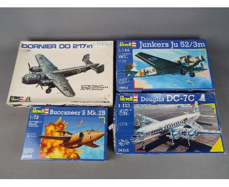 Revell - four all plastic model kits by Revell to include a Junker Ju 52/3M model No. 04843, 1:144 scale mint in factory seal