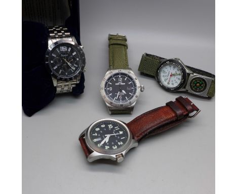 Four wristwatches; Stauer, Timex Expedition, Sekonda and Cannibal 