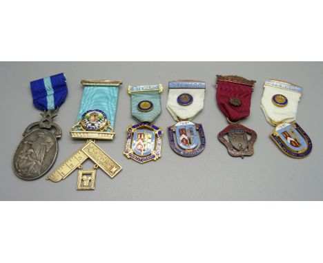 Six lodge medallions including one silver, (enamel a/f) 
