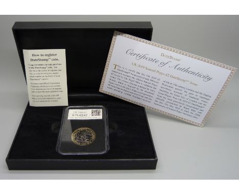 A UK 2019 Samuel Pepys £2 DateStamp Issue coin, boxed, with certificate 