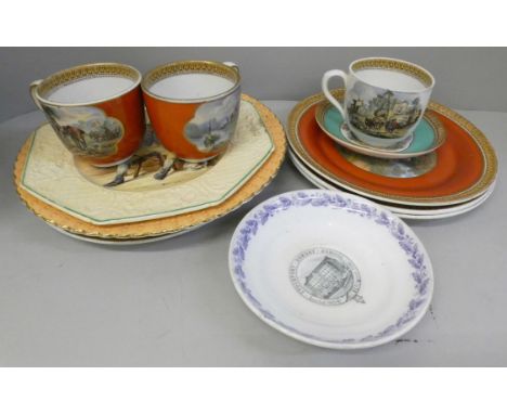 Prattware cups and plates, a saucer marked Stockport Sunday School and a LMS cup (LMS cup a/f) 