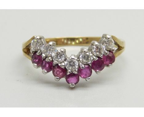 A 9ct gold, ruby and zircon wishbone ring, 1.8g, N 