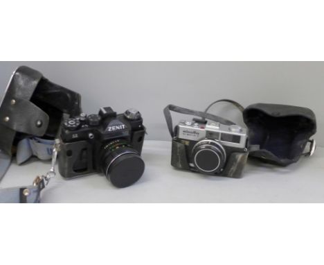 A Zenit 11 camera and a Minolta Hi-Matic F camera 