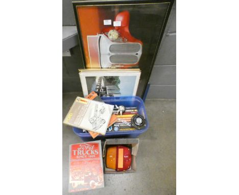 Motoring related items; two Durite rear light clusters, Mini badges, Morris Cooper name strip, Haynes annuals, Scimitar GTE w