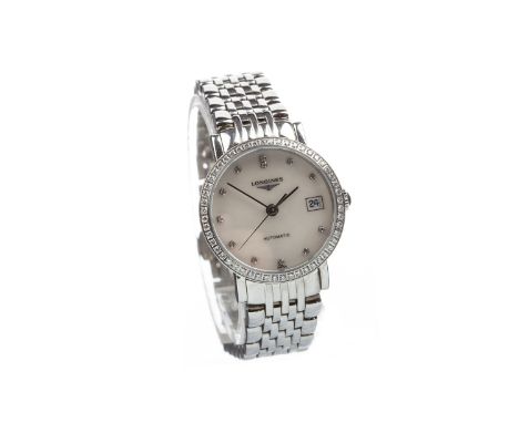 LADY'S LONGINES DIAMOND SET STAINLESS STEEL AUTOMATIC WRIST WATCH, the round mother of pearl dial with diamond dot hour marke