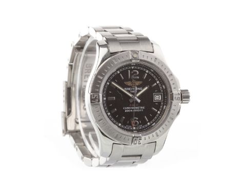 MID SIZE BREITLING COLT STAINLESS STEEL WRIST WATCH, the round black dial with applied Arabic 12 and 6, applied baton hour ma