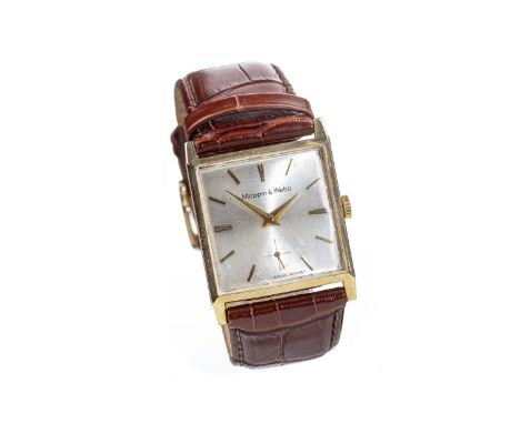 GENTLEMAN'S MAPPIN &amp; WEBB GOLD MANUAL WIND WRIST WATCH, unsigned 17 jewel movement, the square silver coloured dial with 