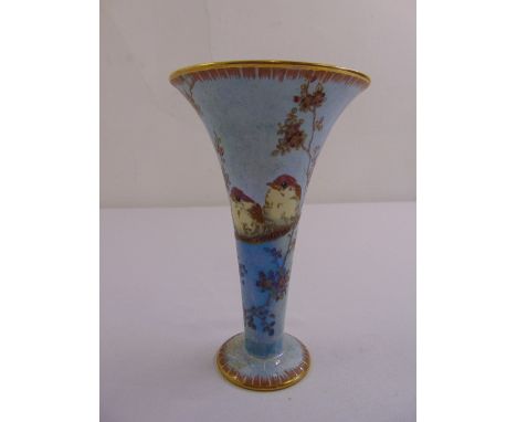 A Carltonware lustreware vase of trumpet form decorated with birds and flowers, marks to the base