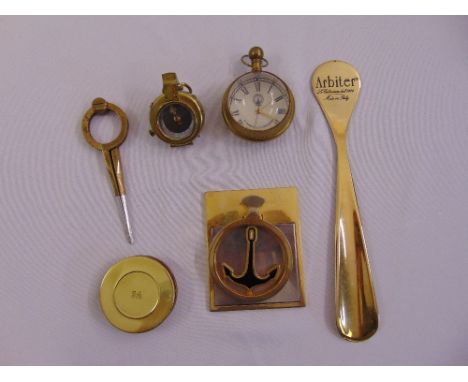 A quantity of brass marine items to include a Verners Pattern compass with Mother of Pearl face and a table pocket watch  (6)